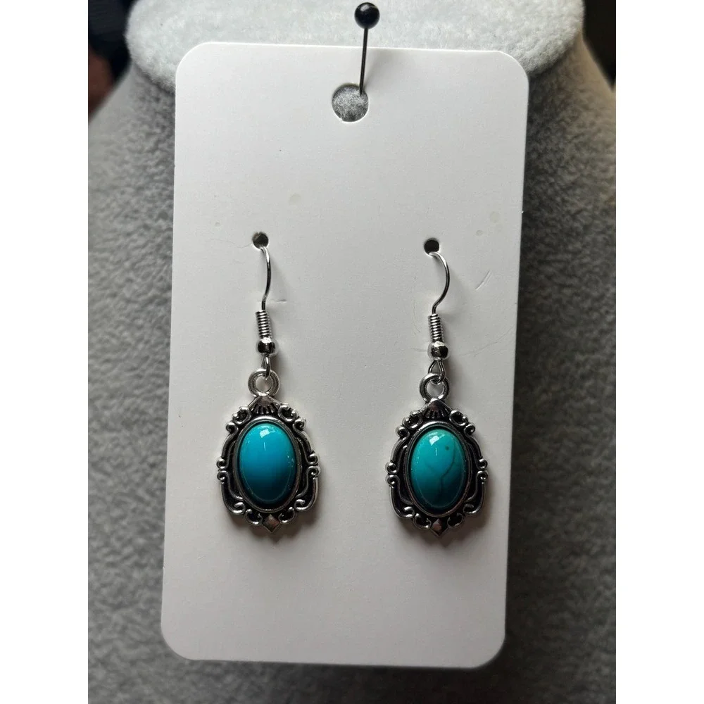#28.  Silver-tone Dangle Turquoise Stone Earrings